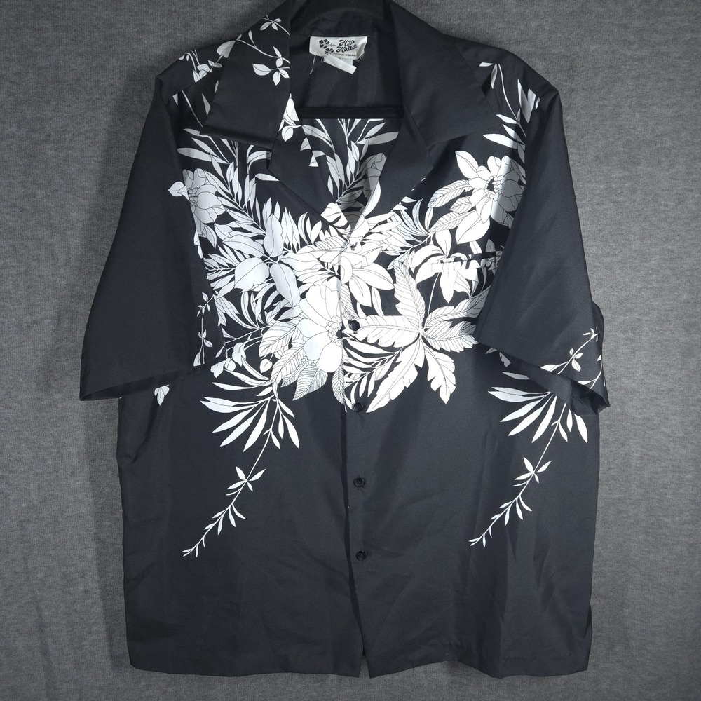 Vtg 90s Hilo Hattie Hawaiian Aloha Shirt Mens 2XL Black White Floral Made Hawaii